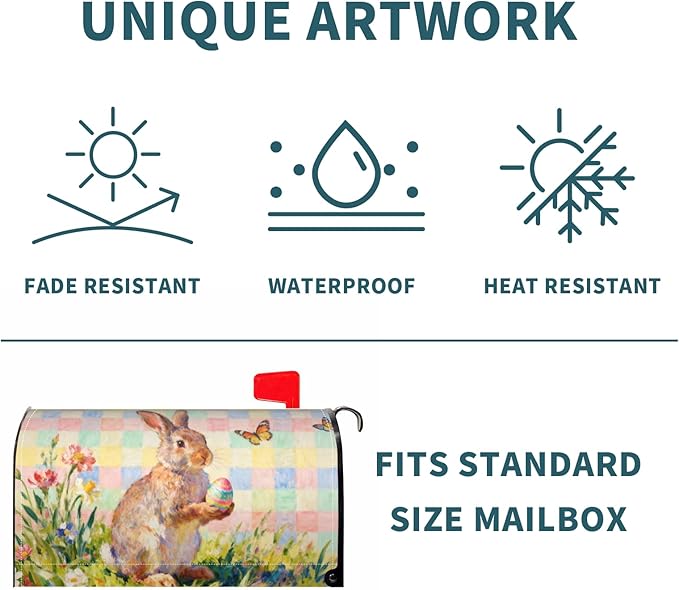 Spring Easter Plaid Large Mailbox Covers Magnetic Oversized Bunny Rabbit Floral Flower Butterfly Holiday Outdoor Seasonal Decorative Letter Box Cases for Home Garden Outside Decor, 25.5x21 Inch