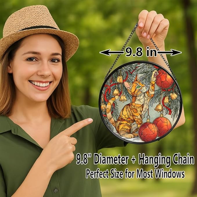 Stained Glass Window Hanging – 9.8 in Cat and Christmas Ornaments Panel with Chain， Bathroom Front Door Living Room Garden Decor， Gift for Mom Wife Lovers