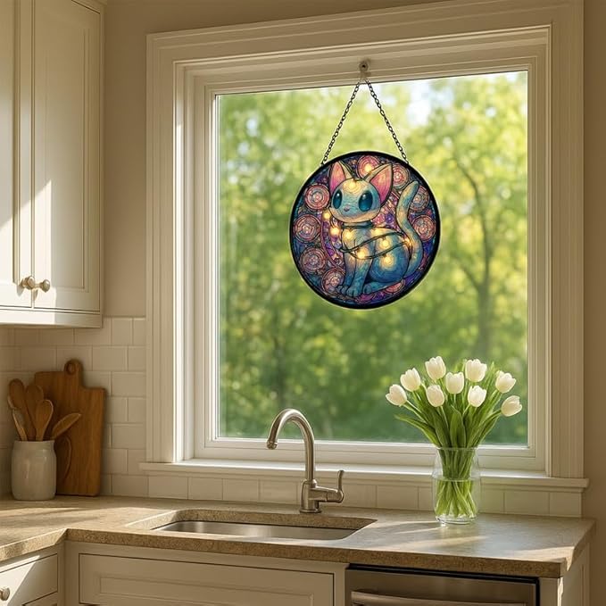 Stained Glass Window Hanging – 11.8 in Cute Cat with String Lights Panel with Chain， Bathroom Front Door Living Room Garden Decor， Gift for Mom Wife Lovers