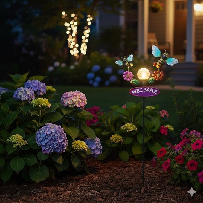 Solar Garden Stakes Metal Welcome Signs for Outside 31.1', 2 Flying Bees with Cracked Glass Ball,Decorative Garden Stakes for Lawn, Patio, Bee Gifts for Women