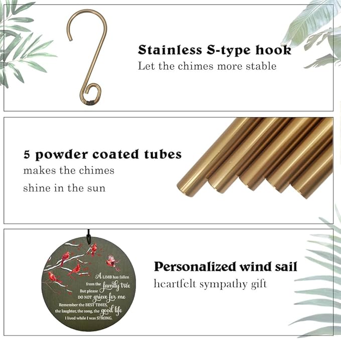 Personalized Sympathy Wind Chime, 36 Inch Memorial Wind Chimes for Outside, Cardinal Wind Chimes, Wind Chime Deep Tone for Loss of Loved One for Condolences/Funeral, Product in USA