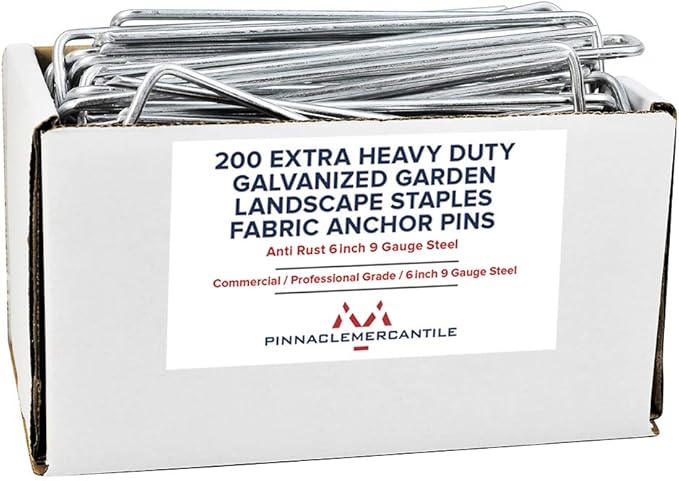Pinnacle Mercantile 200 Pack Galvanized Garden Stakes Landscape Staples Extra Heavy Duty Sod Ground Anchors Anti Rust 6 inch Metal Pins 9 Gauge USA Made