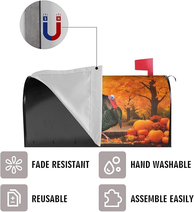 Thanksgiving Autumn Turkey Pumpkins Mailbox Cover, Fall Theme 21x18 Inch Magnetic Mailbox Cover, Standard Size Mailbox Post Cover Mailbox Wrap Post Letter Box Cover for Garden Yard Decor