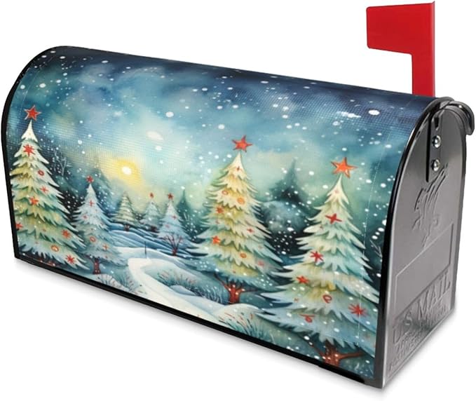 Festive Magnetic Mailbox Cover Christmas Forest Pattern Outdoor Mailbox Protector Holiday Seasonal Decorative Garden Yard Home Large Size 25.5 x 21 Inch