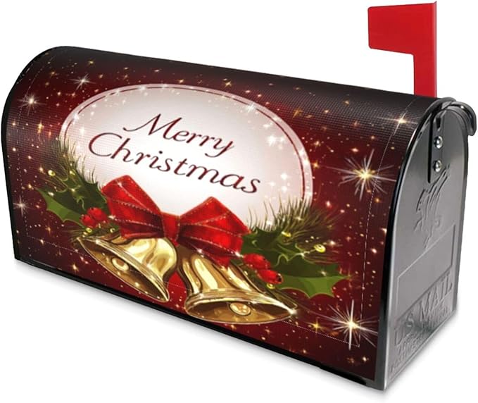 Festive Magnetic Mailbox Cover Christmas Bell Pattern Outdoor Mailbox Protector Holiday Seasonal Decorative Garden Yard Home Large Size 25.5 x 21 Inch