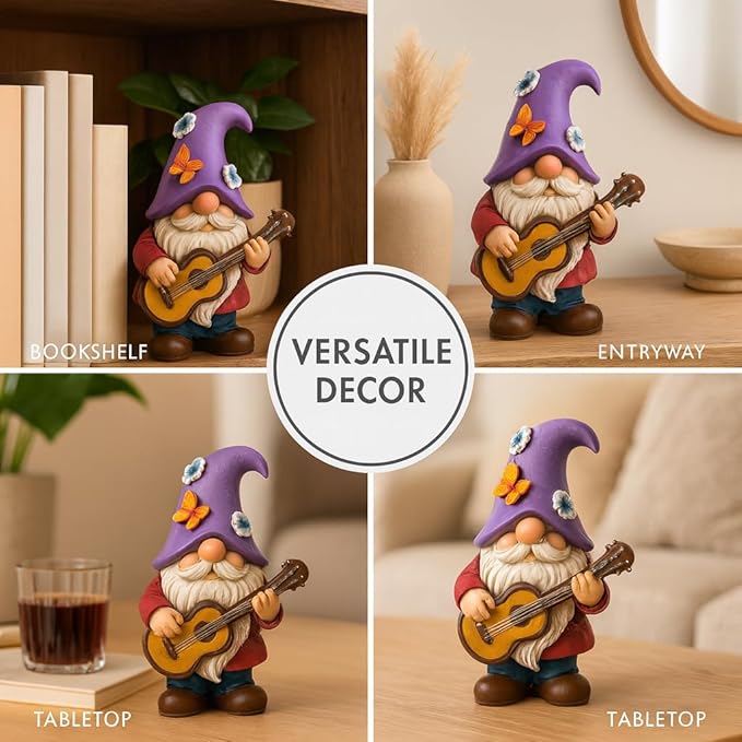 Musical Gnome Figurine with Guitar – Handcrafted Resin Garden or Shelf Decoration, 6.2" Tall Whimsical Gnome Statue with Purple Hat, Flowers & Butterfly, Gift for Music Lovers (Purple)