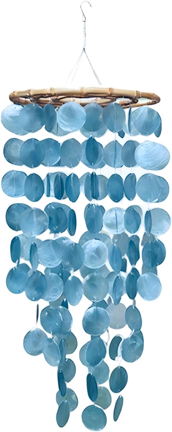 Capiz Shell Large Wind Chime for Outside Sea Glass Wind Chime Ocean/Beach Themed Chime Gift for Women Mother’s Day Decoration-Blue, 32"*11"