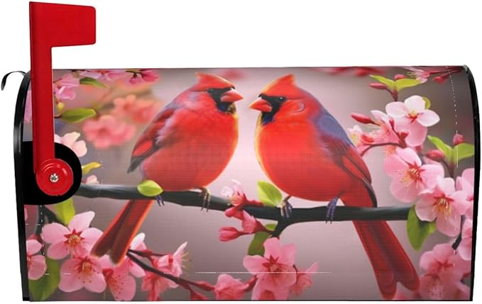 Cardinal Flowers Mailbox Covers, Spring Summer Sakura Red Birds 25.5x21 in Magnetic Mailbox Cover, Post Letter Box Case for Yard Garden Decorations Larger Size