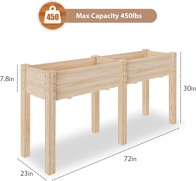 TMEE 6FT Raised Garden Bed with Legs Wooden Elevated Planter Box Stand for Backyard, Patio, Balcony w/Divider Panel, 450lb Capacity, 72x23x30in