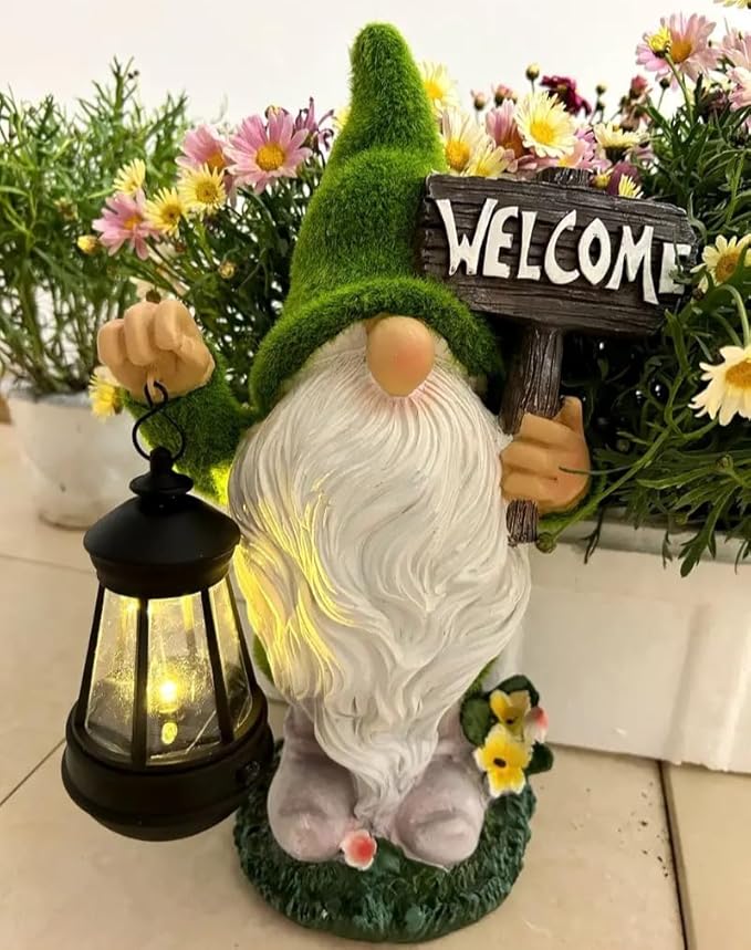 Halloween Fall Welcome Gnomes Statue Gift for Front Door Welcome Figures Solar Decor- Fall Gnomes Statue with Light Lanterna for Outdoor Yard