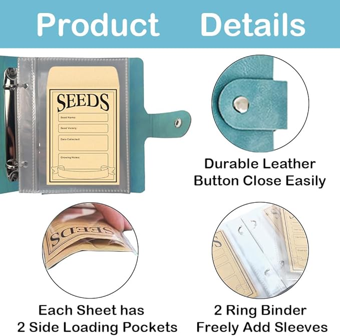 Seed Storage Organizer Binder, Leather Seed Packet Organizer with 50 Clear Pockets(25 Pack Sheet Sleeves) and 50 Pack Seed Envelopes, Garden Seed Holder Book, Plant Seed Saver, Flower Seed Keeper