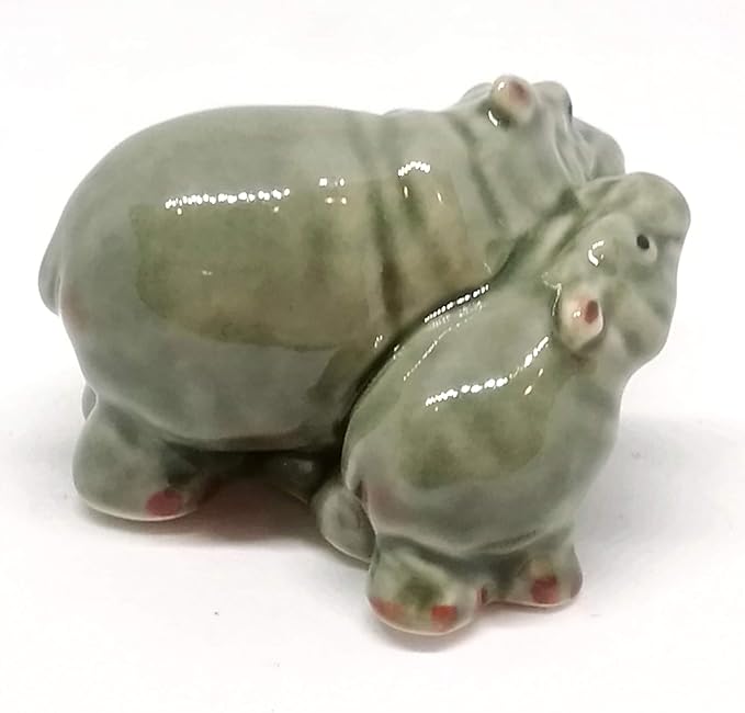 ZOOCRAFT Ceramic Hippo Figurine Mom and Baby Hand Painted Porcelain Terrarium Garden Decor Collectibles
