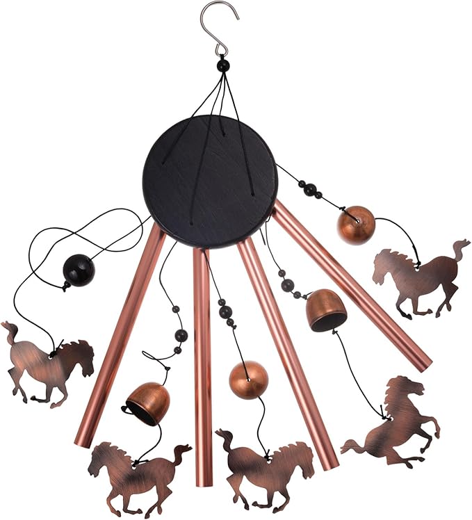 Red Copper Horse Wind Chimes - 4 Tube, 5 Horse Wind Catcher for Home, Garden, Patio, Balconies, Indoor Decoration