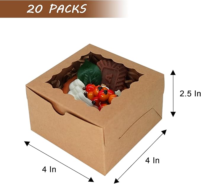 20pcs Cookie Boxes 4x4x2.5 Inch Bakery Boxes with Window Treat Box Dessert Box for Wedding Favors Party - Brown