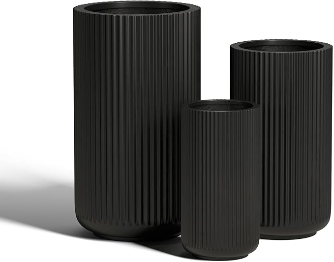 DTY Signature Mount Elbert 1-Piece Fluted Fiberstone Planter for Indoor/Outdoor, Black, 16" H x 11.5" Dia (9.75" Opening) - Small