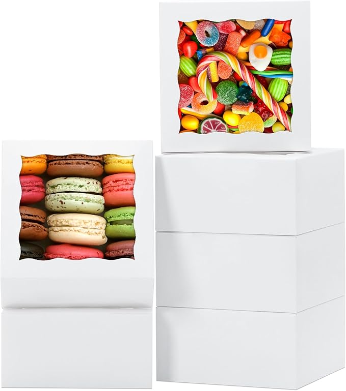 100pcs Cookie Boxes 5x5x2.5 Inches Bakery Boxes with Window Treat Box Dessert Box for Pastry Strawberries Chocolate Mini Cake Donuts - White