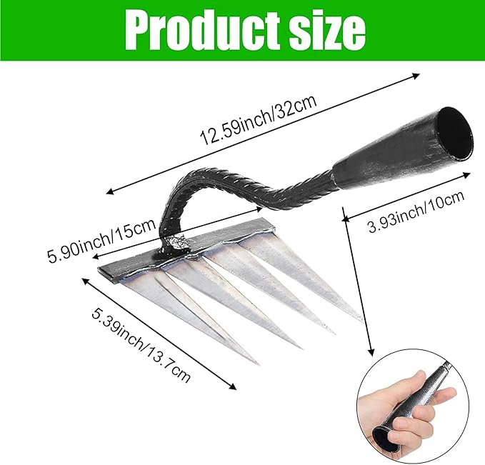 Garden Rake, Gardening Tools Heavy Duty with 4 Metal Tines, Sharp Durable Garden Weeding Tools, All Steel Hardened Hoe Hand Rake for Backyard Lawn Loosening Planting Weeding (4 Tines)