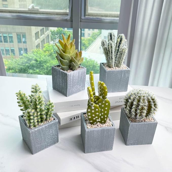 Cactus Artificial Plants in Gray Pots, Realistic Faux Cactus Potted Décor for Home, Office, Kitchen, Living Room, Desk, Shelf, and Indoor Decoration (Cylinder)
