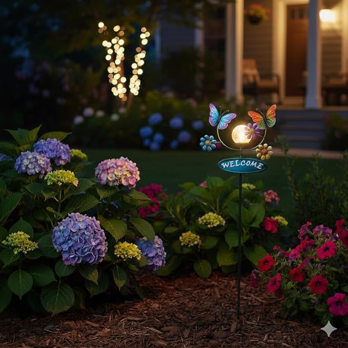 Solar Garden Stakes Metal Welcome Signs for Outside 28.1' - 2 Flying Butterflies with Cracked Glass Ball,Decorative Garden Stakes for Lawn, Patio, Butterfly Gifts for Women