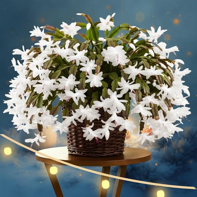 1 Thanksgiving Christmas Cactus Plants Live in 4" Pot, Houseplant Holiday Cactus, Vibrant Single Color Blooms Indoor Outdoor, Zygocactus Like, Winter Hardy (White)