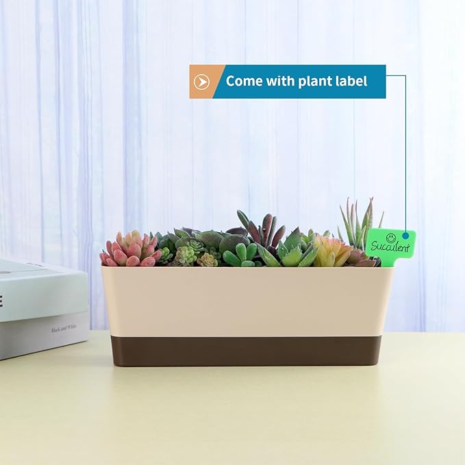 Window Box Planter with Tray, 12" Rectangle Plant Pot, Pack of 2 (Beige)