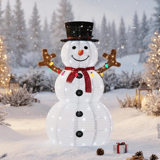Christmas Decor Snowman, 5 ft Prelit White Christmas Decorations Snowman Ornaments with Magic Hat Multicolored Lights for Christmas Holiday Party Yard, Garden, Porch, Lawn, Red