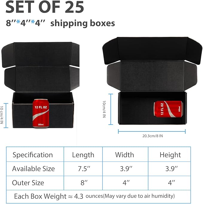 Small Shipping Boxes 8x4x4 Inch (25 Pack) - Sturdy Black Corrugated Cardboard Boxes for Small Business, Ecommerce, Mailing & Packaging | Recyclable Gift & Storage Boxes