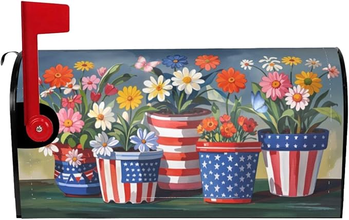 Independence Day Mailbox Covers, Summer Flowerpot Large Size Magnetic Mailbox Cover, July 4th Patriotic 25.1x21 Inch Post Letter Box Case for Outside Decor