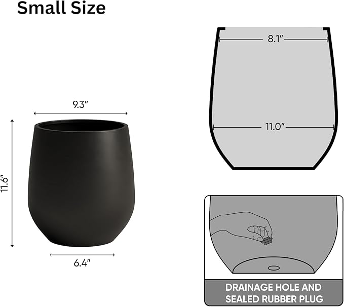 DTY Signature Mount Wilson Lightweight and Durable Modern Fiberstone Tapered Planter for Indoor Outdoor Drainage Hole & Rubber Plug Weather Resistant, 11.8" H x 11" Dia (8" Opening) - Small, Black