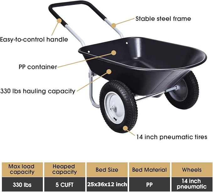 IRONMAX Garden Dual-Wheel Wheelbarrow, Heavy Duty Utility Yard Cart w/ 2x14’’ All-Terrain Wheels & Built-in Stand, Wheel Barrow for Lawn, Yard, Farm, Gardening & Planting (Black)