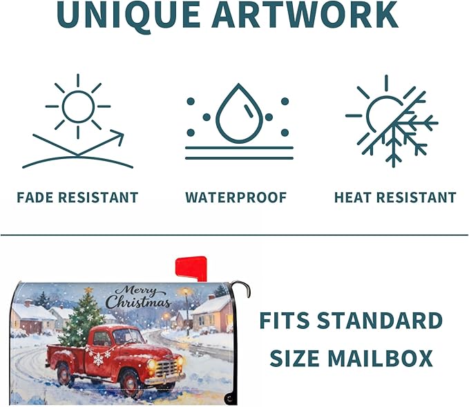 Merry Christmas Red Truck Mailbox Covers Magnetic Standard Size Xmas Tree Snowflake Snow Scene Holiday Outdoor Decorative Farmhouse Letter Box Cases for Home Garden Outside Decor, 21x18 Inch