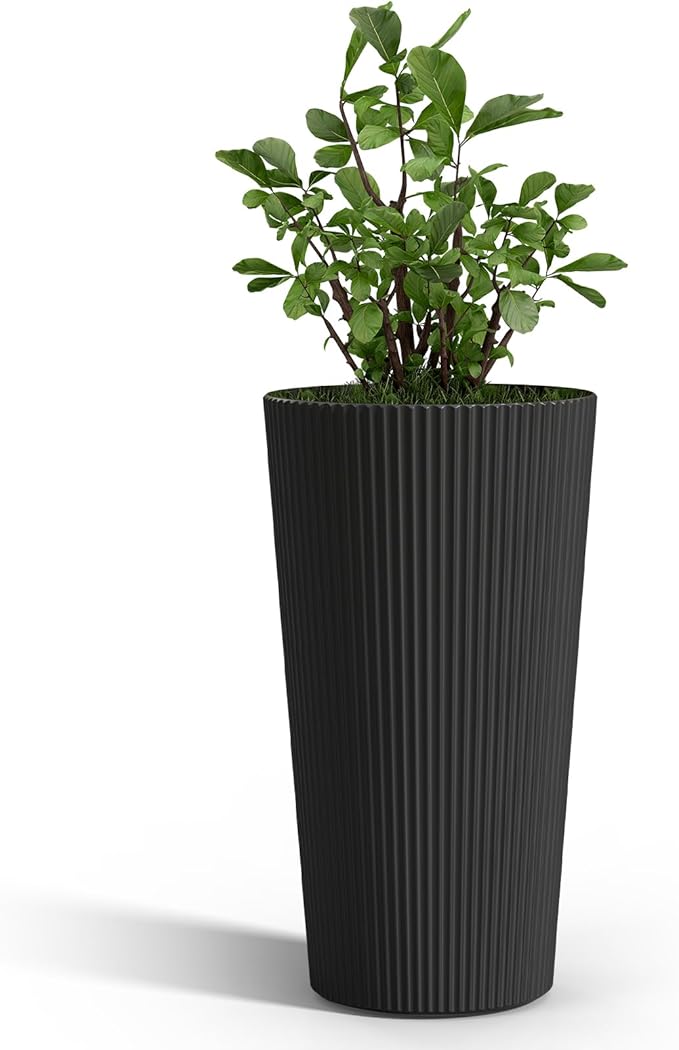 FONTOI 23.6" Tall Planter for Outdoor Plants Set of 2 Large Outdoor Plastic Striped Flower Pots, Front Porch Furniture, Garden Pots, Decorative Planters for Indoor/Outdoor, Patio, Balcony, Black