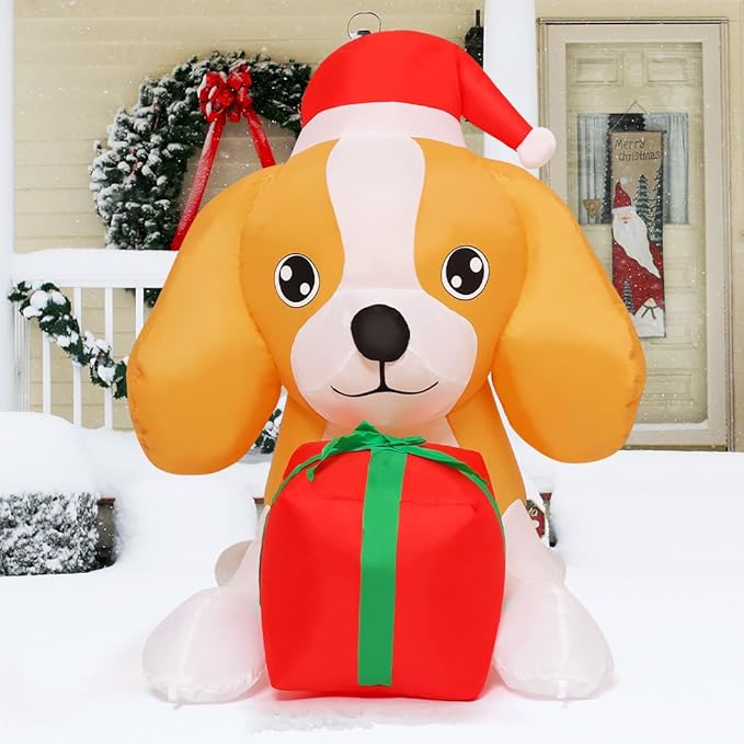 GOOSH 5 FT Long Christmas Inflatables Dog Outdoor Decorations Blow Up Yard Cute Puppy with a Box with Built-in LEDs for Xmas Garden Lawn Indoor Party Decor
