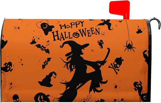 Happy Halloween Mailbox Covers Magnetic Standard Size 21x18 inch Witch Spider Mail Box Cover Skull Ghost Post Letter Box Cover for Outdoor Garden Decor Orange
