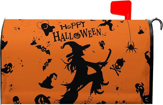 Happy Halloween Mailbox Covers Magnetic Standard Size 21x18 inch Witch Spider Mail Box Cover Skull Ghost Post Letter Box Cover for Outdoor Garden Decor Orange