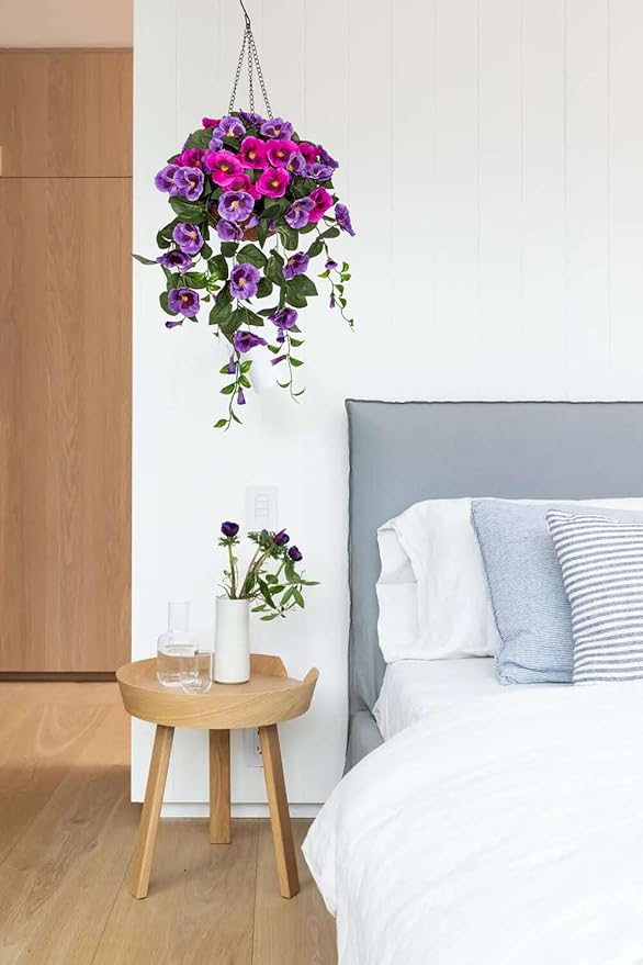 Briful Fake Flowers Hanging Basket, Pansy Artificial Flowers, Realistic Silk Spring Bloom Faux Flowers, 7 ⅞’’ Coconut Basket, for Home Farmhouse Balcony Outdoor Patio Garden Decor