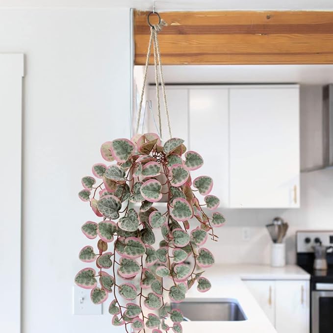 Briful Fake Plants Indoor 16'' Artificial String of Hearts Plants with Ceramic Pot Small Faux Draping Vine Plants for Home Bathroom Table Shelf Office Hotel Decor(Pink)