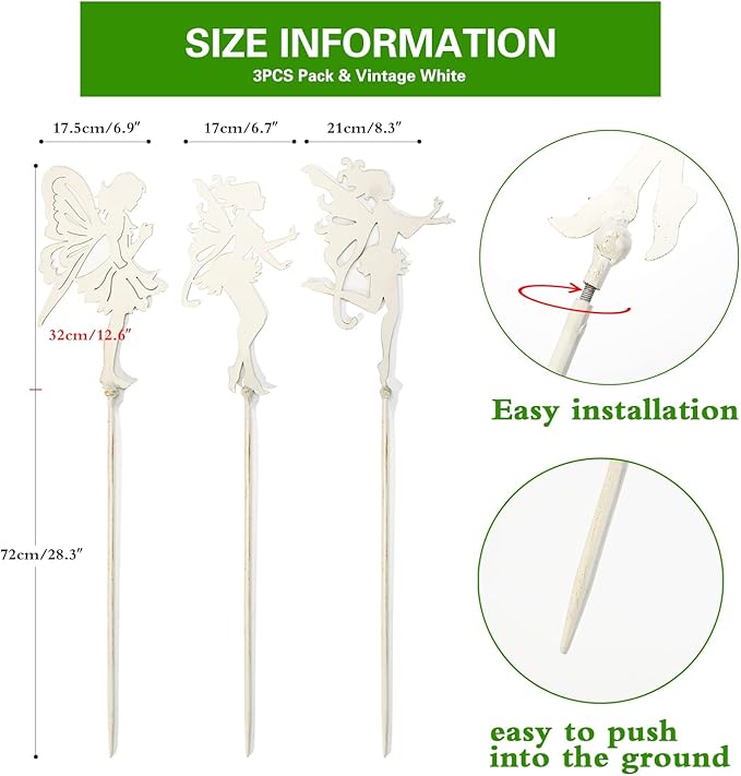Sungmor 3PC Shabby Chic White Thick Metal Fairies Stakes, 28 Inch Tall Large Angel Statues, Decorative Stakes for Indoor Planter Plant Supporter, Outdoor Garden Lawn Patio Courtyard Landscaping Decor