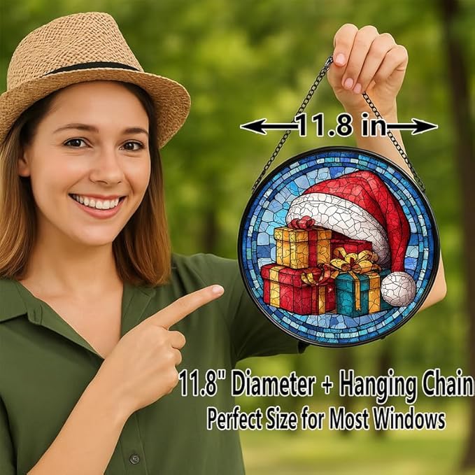 Stained Glass Window Hanging – 11.8 in Santa Hat & Gifts Panel with Chain， Bathroom Front Door Living Room Garden Decor， Gift for Mom Wife Lovers