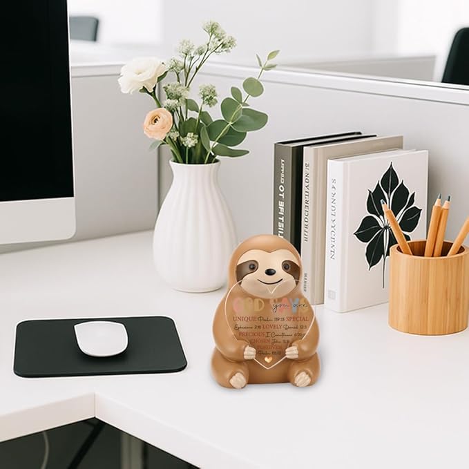 Sloth Figurine Gift with Heart Acrylic Plaque, Christian Affirmation Collectible Figurine, Positive Gifts for Women Sister Friends Family Desk Decor YSS5