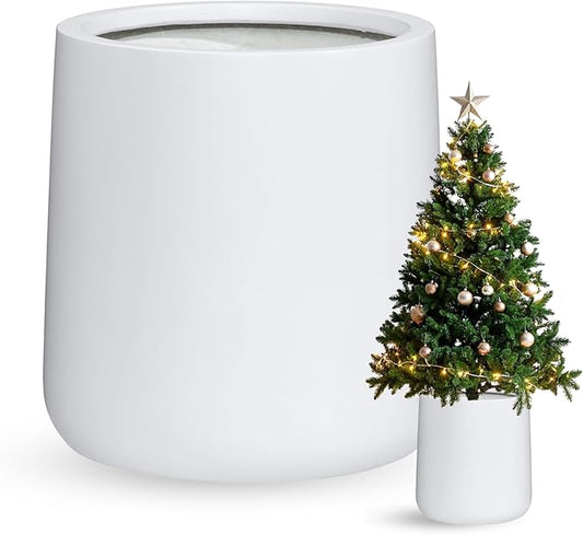 14"H x 13.7"D Conico Fiberstone Round Planter - Christmas Tree Planter, Smooth Finishes, Weather Resistant for Indoor and Outdoor Use, Included 2 Extra Coco Mats (White, 10.6" Pot Opening)