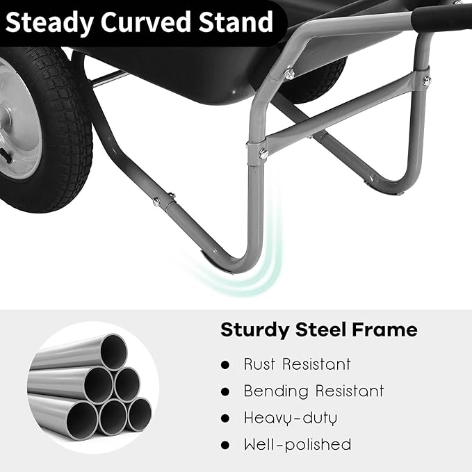 IRONMAX Garden Dual-Wheel Wheelbarrow, Heavy Duty Utility Yard Cart w/ 2x14’’ All-Terrain Wheels & Built-in Stand, Wheel Barrow for Lawn, Yard, Farm, Gardening & Planting (Black)