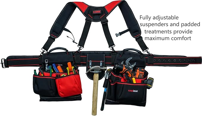 KUNN Tool Belt with Suspenders - Pro Framer Belt/Suspenders Combo Apron(Removable Pouch and Waist Belt) with Multiple Pockets & Hammer Holder for Carpenter,Construction and Electrician,Red