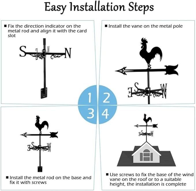 Rooster Weathervane Silhouette Art Black Metal Cock Wind Vanes Indicator Kit Outdoor Bracket for Garden Roof Yard Building (E)