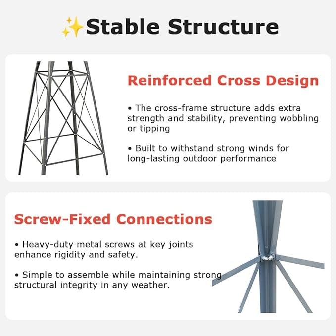 8FT Windmill for Yard Garden Decoration with Weather Vanes，Heavy Duty Outdoor Wind Mills, Large Metal Outdoor Windmill,Weather Resistant,Gray