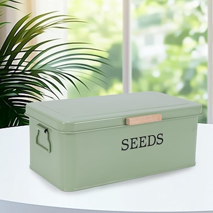 Seed Storage Organizer with 4 Dividers,Metal Seed Saving Box with Lid, Seeds Bin Storage Container Kit with 2 Pens,20 Plant Labels and 50 Seeds Envelopes, Perfect for Flower Plants Garden