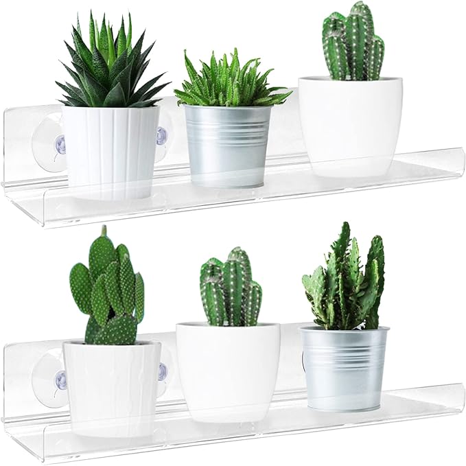 2 Pack Suction Cup Window Shelf for Plants 16 Inches, Clear Acrylic Indoor Plant Shelf Window Ledge Garden Sill Extender for Micro Greens, Seed Starter Pots, Herb Planters