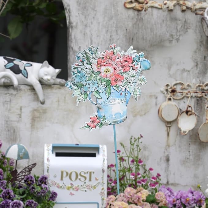 All Chic Garden Decor for Outside, 29” Decorative Garden Stakes Metal Embossed Watering Can with Flowers for Spring Decor, Yard Art Stakes for Outdoor Lawn Backyard Porch Pathway Decorations