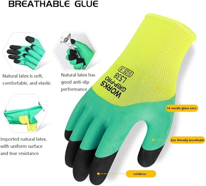 Pro L538 Safety Work Gloves, Green and Yellow, Latex Rubber Coated, Size 8, for Construction, Gardening, Warehouse, Assembly