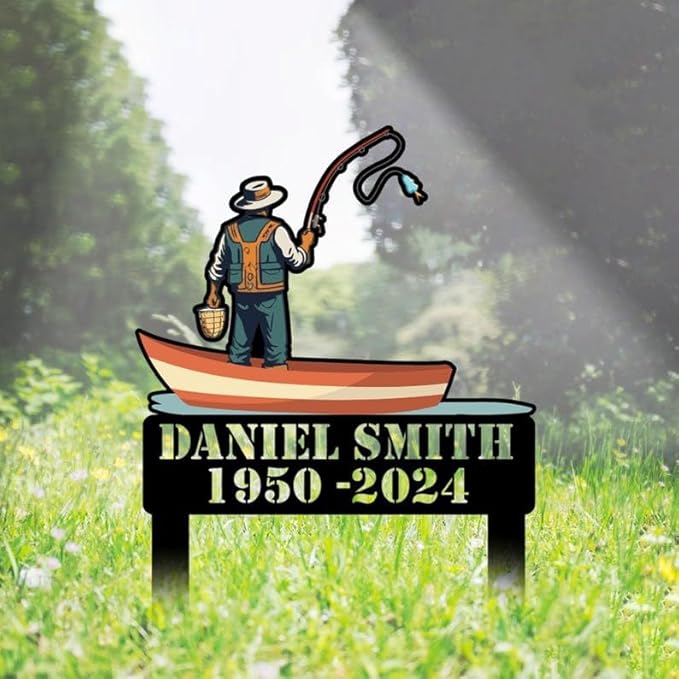 Custom Fishing Memorial Metal Stake – Personalized Fisherman Grave Marker, Yard Sign, Garden Stake, Outdoor Fishing Tribute (Fisherman Memorial)